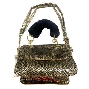 Gold Snake Print Faux Leather Shoulder Bag With Chain Strap & Faux Fur Handle